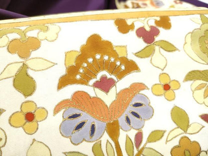 平和屋着物●塩瀬　九寸名古屋帯　型染め　更紗花文　金彩　正絹　逸品　CABF8791hy