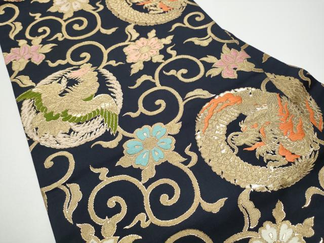 平和屋着物●全通柄　九寸名古屋帯　龍　鳳凰唐草文　黒地　金糸　正絹　逸品　CABF8793hy