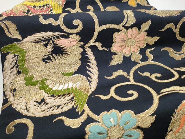平和屋着物●全通柄　九寸名古屋帯　龍　鳳凰唐草文　黒地　金糸　正絹　逸品　CABF8793hy