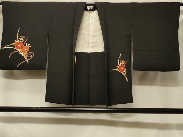 平和屋着物＃羽織　駒刺繍　草花文　黒地　金彩　正絹　逸品　CABF8813in