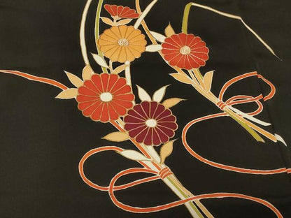 平和屋着物＃羽織　駒刺繍　草花文　黒地　金彩　正絹　逸品　CABF8813in
