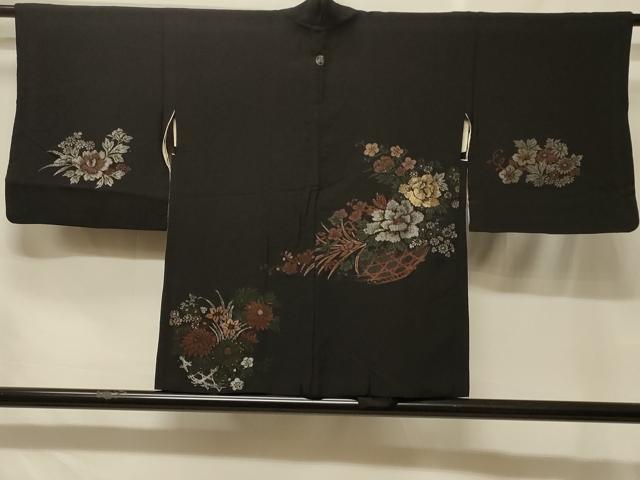 平和屋着物＃羽織　寿光織　花籠文　黒地　金銀糸　正絹　逸品　CABF8815in