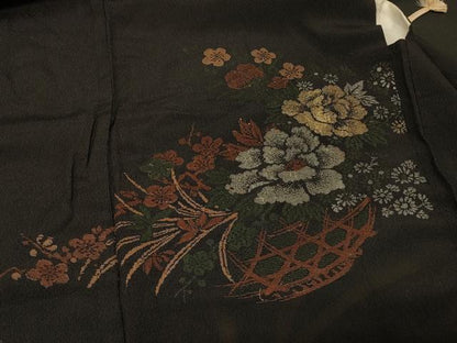 平和屋着物＃羽織　寿光織　花籠文　黒地　金銀糸　正絹　逸品　CABF8815in
