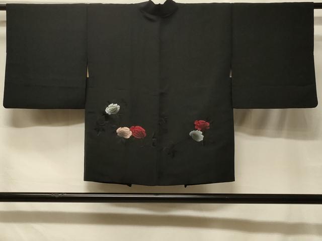 平和屋着物＃羽織　総刺繍　草花文　黒地　正絹　逸品　CABF8816in