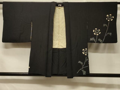 平和屋着物＃羽織　絞り　枝花文　黒地　正絹　逸品　CABF8823in