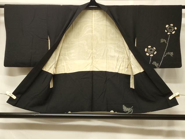 平和屋着物＃羽織　絞り　枝花文　黒地　正絹　逸品　CABF8823in