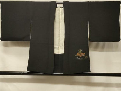 平和屋着物＃羽織　寿光織　人物風景文　暈し染め　黒地　金糸　正絹　逸品　CABF8831in