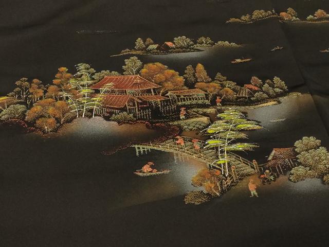 平和屋着物＃羽織　寿光織　人物風景文　暈し染め　黒地　金糸　正絹　逸品　CABF8831in