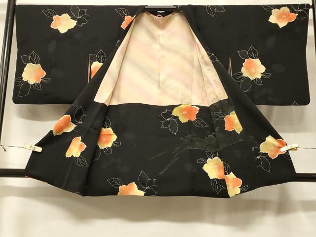 平和屋着物＃道行コート　地紋起こし　草花文　暈し染め　黒地　正絹　逸品　CABF8833in