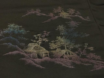平和屋着物＃羽織　寿光織　風景文　黒地　金糸　正絹　逸品　CABF8836in