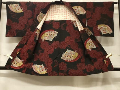 平和屋着物＃羽織　檜扇流水花文　黒地　金糸　正絹　逸品　CABF8839in