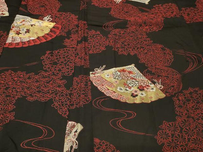 平和屋着物＃羽織　檜扇流水花文　黒地　金糸　正絹　逸品　CABF8839in