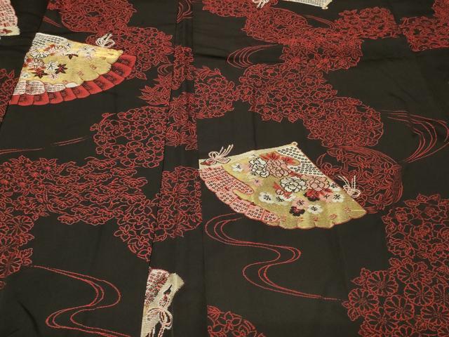 平和屋着物＃羽織　檜扇流水花文　黒地　金糸　正絹　逸品　CABF8839in