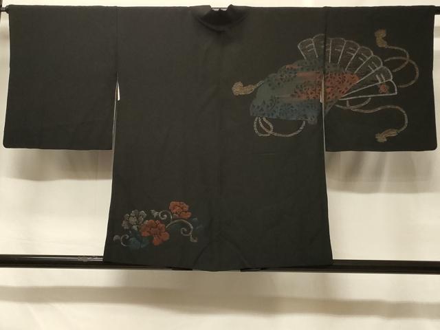 平和屋着物＃羽織　寿光織　檜扇花唐草文　黒地　金銀糸　正絹　逸品　CABF8843in