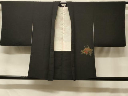 平和屋着物＃羽織　寿光織　文箱草花文　黒地　金銀糸　正絹　逸品　CABF8847in