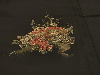 平和屋着物＃羽織　寿光織　文箱草花文　黒地　金銀糸　正絹　逸品　CABF8847in