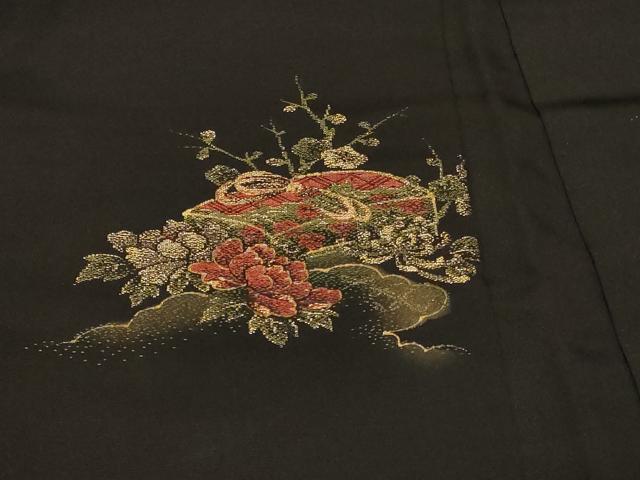 平和屋着物＃羽織　寿光織　文箱草花文　黒地　金銀糸　正絹　逸品　CABF8847in