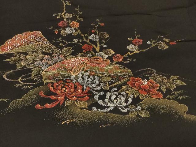 平和屋着物＃羽織　寿光織　文箱草花文　黒地　金銀糸　正絹　逸品　CABF8847in