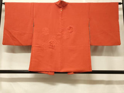 平和屋着物＃羽織　色無地　総刺繍　亀甲草花地紋　緋色　正絹　逸品　CABF8848in
