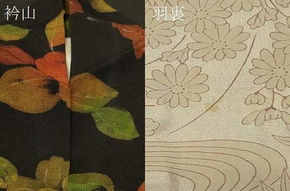 平和屋着物＃道中着　草花文　黒地　正絹　逸品　CABF8852in