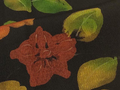 平和屋着物＃道中着　草花文　黒地　正絹　逸品　CABF8852in