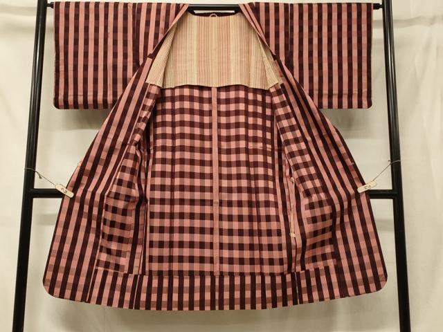 平和屋着物＃道行コート　雨コート　格子柄　正絹　逸品　CABF8868in