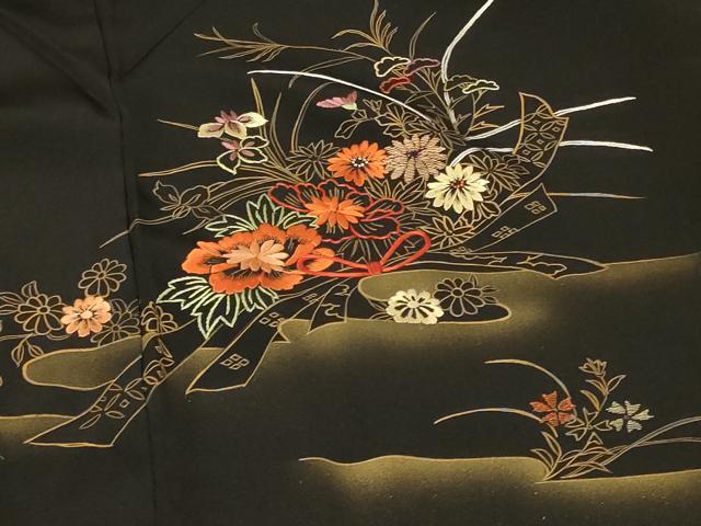 平和屋着物＃羽織　刺繍　束ね熨斗草花文　黒地　金彩　正絹　逸品　未使用　CABF8869in