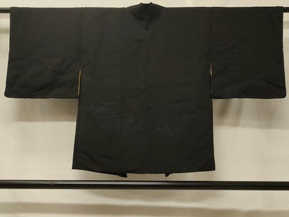 平和屋着物＃羽織　寿光織　草花文　黒地　銀糸　正絹　逸品　CABF8871in