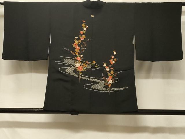 平和屋着物＃羽織　流水草花文　黒地　金彩　正絹　逸品　CABF8880in