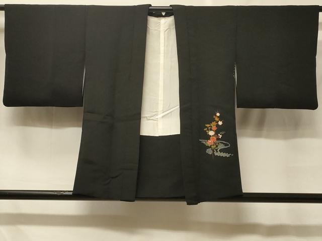 平和屋着物＃羽織　流水草花文　黒地　金彩　正絹　逸品　CABF8880in