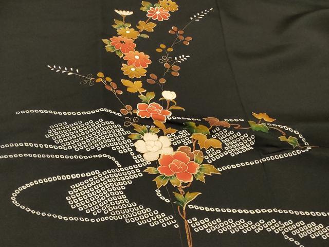 平和屋着物＃羽織　流水草花文　黒地　金彩　正絹　逸品　CABF8880in