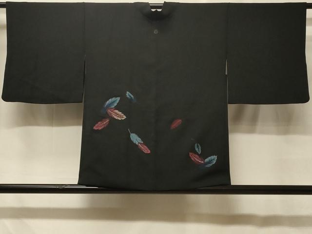 平和屋着物＃羽織　刺繍　舞羽文　黒地　銀糸　正絹　逸品　CABF8881in