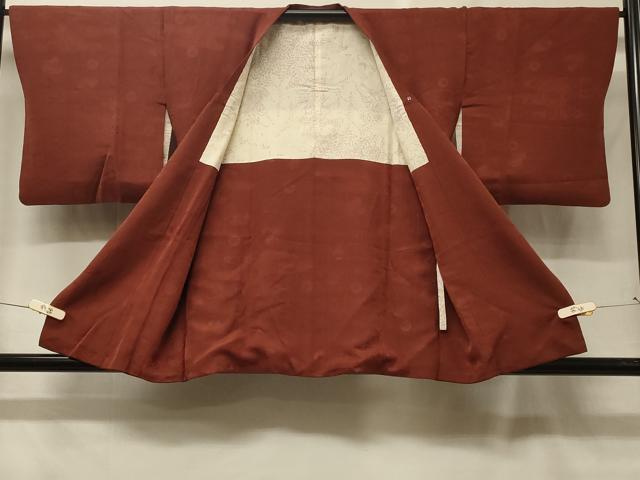 平和屋着物＃道行コート　色無地　エ霞格子菊地紋　栗梅色　正絹　逸品　CABF8890in