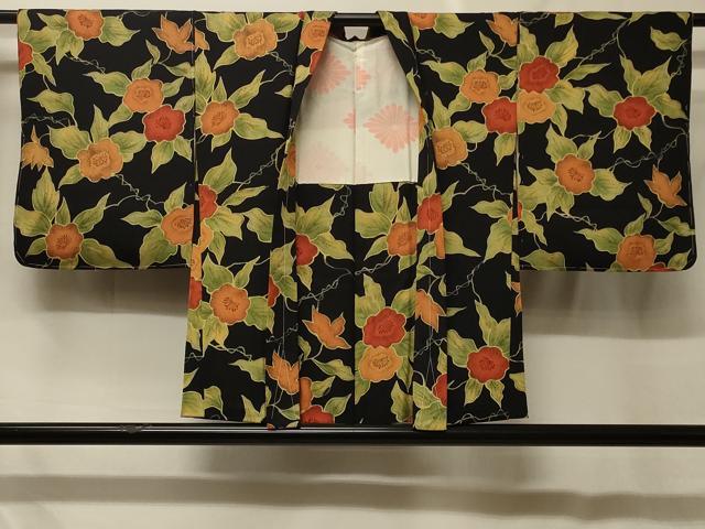 平和屋着物＃羽織　草花文　黒地　正絹　逸品　未使用　CABF8892in