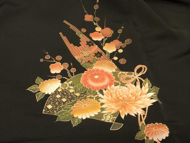 平和屋着物＃羽織　扇面草花文　黒地　金彩　正絹　逸品　CABF8894in