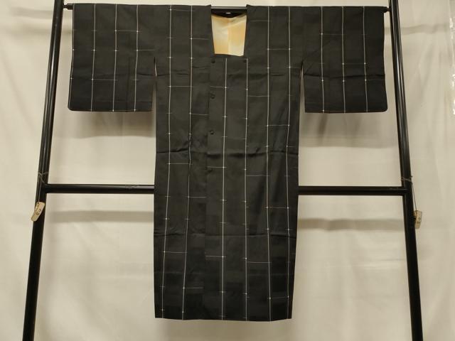 平和屋着物＃道行コート　雨コート　単衣　格子柄　黒地　ロング丈　正絹　逸品　CABF8895in