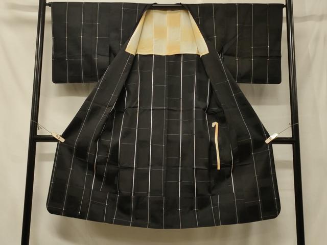 平和屋着物＃道行コート　雨コート　単衣　格子柄　黒地　ロング丈　正絹　逸品　CABF8895in