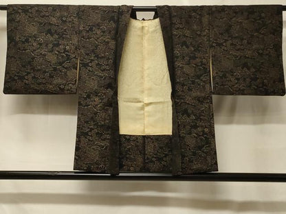 平和屋着物＃羽織　寿光織　御所車草花文　黒地　金糸　正絹　逸品　CABF8897in