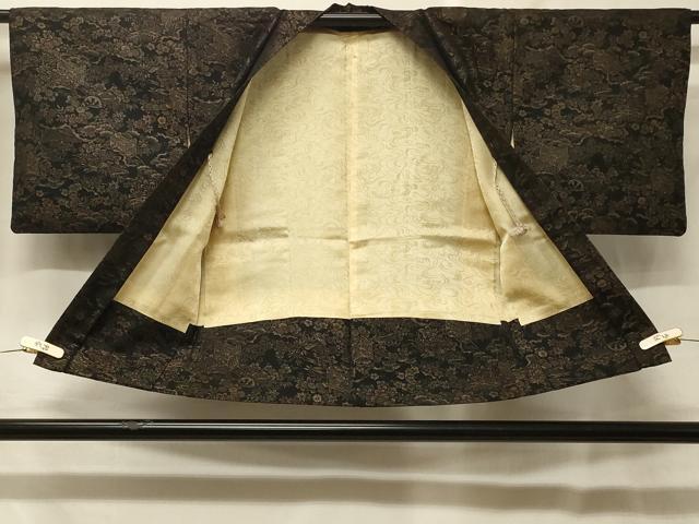 平和屋着物＃羽織　寿光織　御所車草花文　黒地　金糸　正絹　逸品　CABF8897in