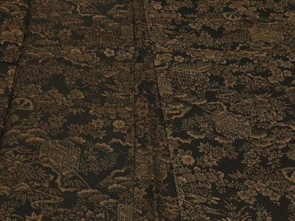 平和屋着物＃羽織　寿光織　御所車草花文　黒地　金糸　正絹　逸品　CABF8897in