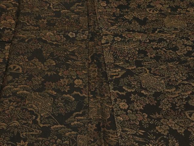 平和屋着物＃羽織　寿光織　御所車草花文　黒地　金糸　正絹　逸品　CABF8897in
