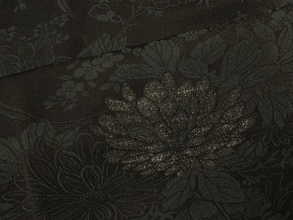 平和屋着物＃道行コート　寿光織　草花文　黒地　銀糸　正絹　逸品　CABF8909in