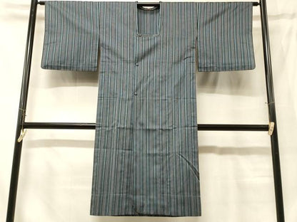 平和屋着物＃道行コート　雨コート　単衣　縞　ロング丈　正絹　逸品　CABF8911in