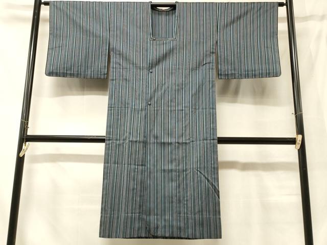 平和屋着物＃道行コート　雨コート　単衣　縞　ロング丈　正絹　逸品　CABF8911in