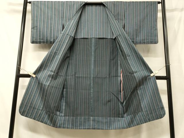 平和屋着物＃道行コート　雨コート　単衣　縞　ロング丈　正絹　逸品　CABF8911in