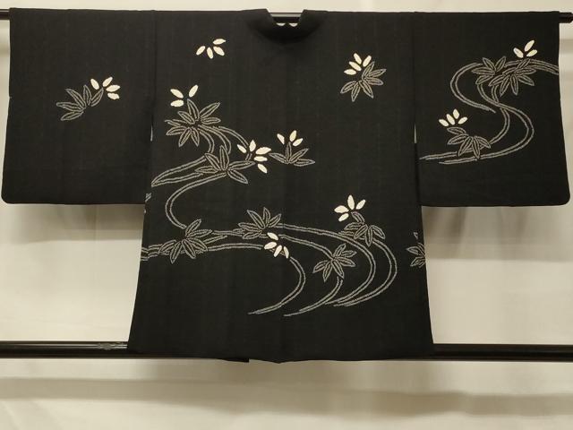 平和屋着物＃羽織　絞り　流水舞葉文　黒地　正絹　逸品　CABF8914in
