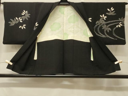 平和屋着物＃羽織　絞り　流水舞葉文　黒地　正絹　逸品　CABF8914in