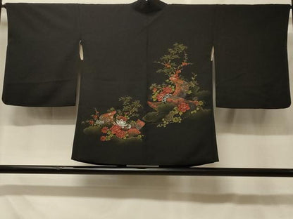 平和屋着物＃羽織　寿光織　文箱巻物花文　黒地　金銀糸　正絹　逸品　CABF8915in