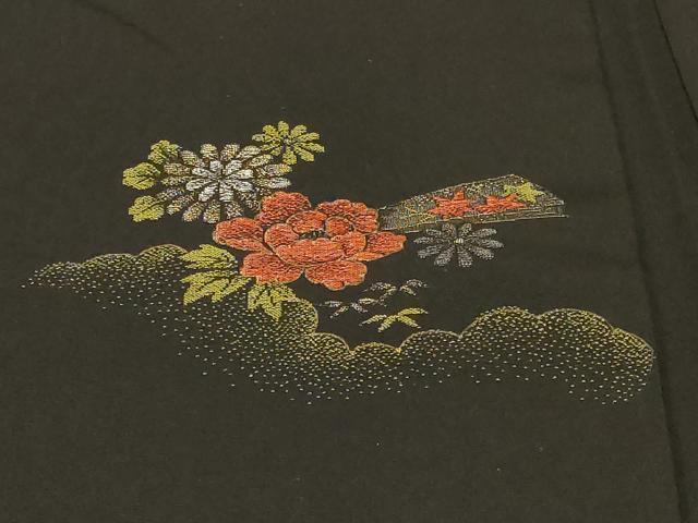 平和屋着物＃羽織　寿光織　文箱巻物花文　黒地　金銀糸　正絹　逸品　CABF8915in
