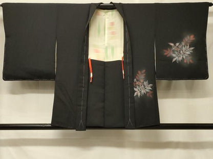 平和屋着物＃羽織　草花文　黒地　銀彩　正絹　逸品　未使用　CABF8919in